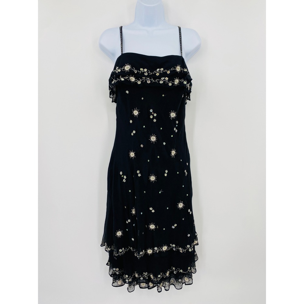 Vintage Y2K ECI New York Midi Dress Women 10 Black Silk Beaded Floral Ruffle Hem